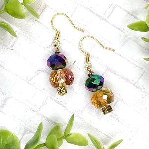 Aurora Borealis & Amber Faceted Glass Bead Gold Earrings - Handcrafted